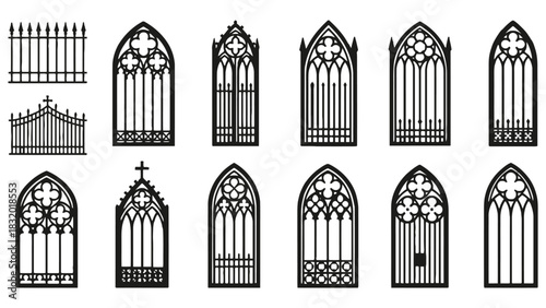 Collection of gothic style wrought iron gates and fence designs black