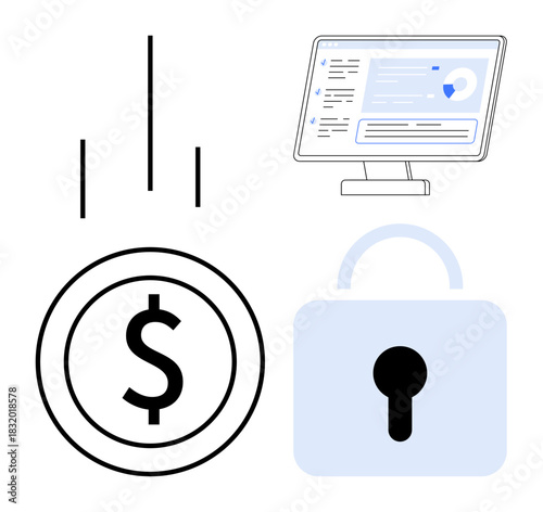 Dollar coin, secure padlock, and computer screen with data interface emphasizing business, finance, cybersecurity, online transactions, digital trust, data management. Ideal for modern financial