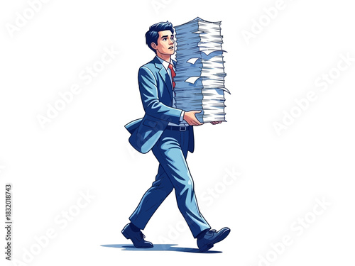 Man in Suit Carrying Stack of Documents Illustration.