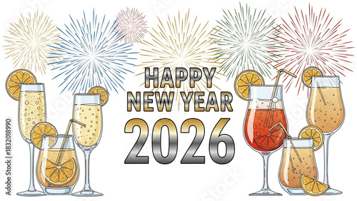Cheerful Happy New Year 2026 Celebration with Colorful Fireworks and Drinks
