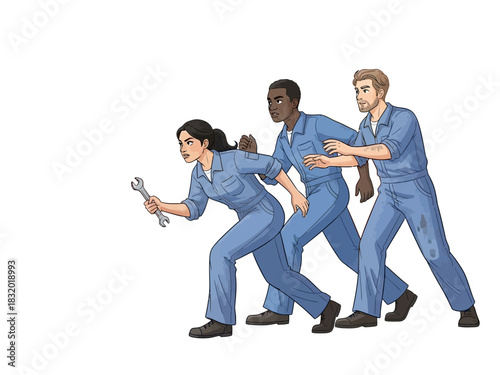 Team of Mechanics Rushing to Fix a Problem 1.