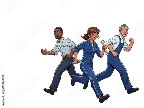 Team of Mechanics Rushing to Fix a Problem.