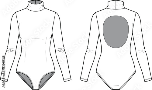 Long-sleeve bodysuit front and back view, turtleneck design, fashion sketch, oval back cutout, vector apparel illustration
