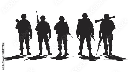 Silhouette of five soldiers standing with weapons on a white background
