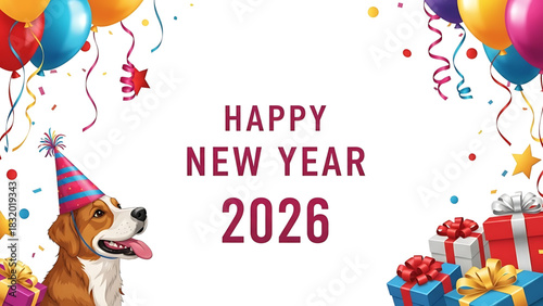 Happy New Year 2026 celebration with cartoon dog and colorful decorations