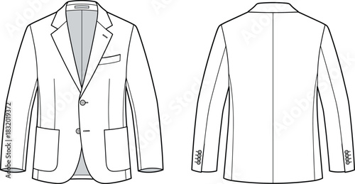 Men’s blazer sketch, front and back view, notched lapel, patch pockets, button cuffs, CAD streetwear flat vector illustration
