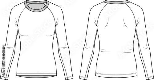 Long-sleeve shirt sketch, front and back view, crew neckline, raglan sleeves, seam details, CAD streetwear flat vector illustration