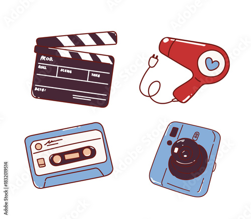 Set of Cute Doodles, Clapperboard, Hair Dryer, Retro Cassette Tape, Camera. Hand drawn Cartoon style. 