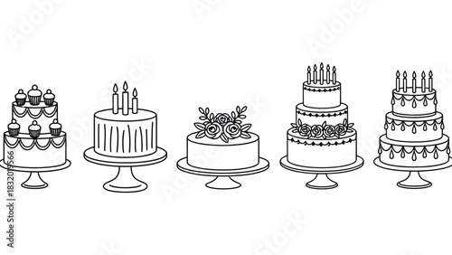 Assortment of outlined cakes on stands with various decorations shown