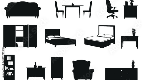 Black and white furniture icons including beds sofas and storage units