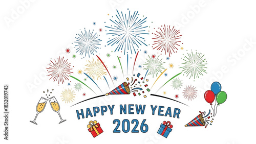 Festive Happy New Year 2026 celebration design with colorful elements