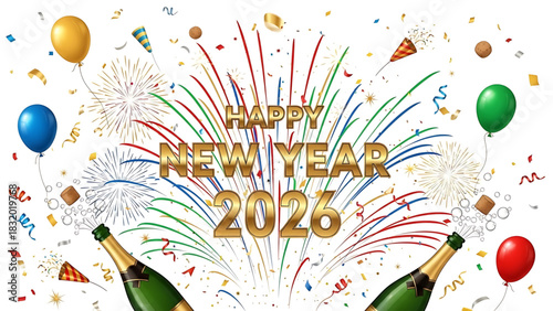 Celebrating New Year 2026 with Champagne, Fireworks and Colorful Decorations