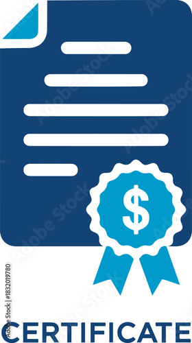 Credit and mortgage icon vector illustration of a dark blue certificate with a light blue dollar sign seal and ribbon at the bottom