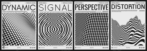 Black and white. Cover design template. Mountain. Surreal striped landscape background. Optical illusion. Vector illustration for brochure, planner, diary, notebook or notepad.