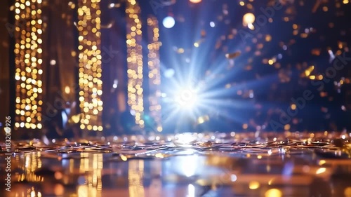 Blurry celebratory scene with gold confetti and lights