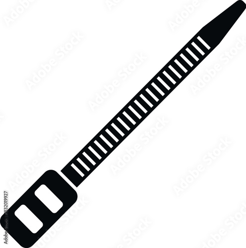Black zip tie, a common plastic fastener, on a white background