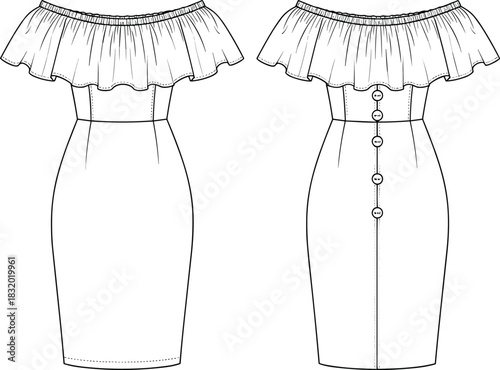 Off-shoulder dress sketch, ruffled neckline, pencil skirt, button back, front and back view, fashion illustration, garment design