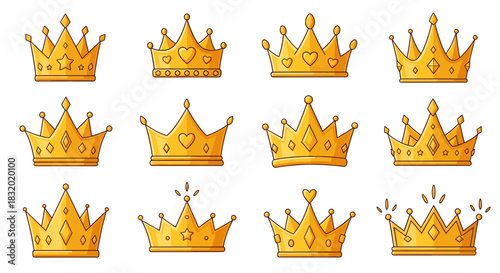 Elegant set of golden crown designs showcasing diverse styles and regal embellishments perfect for