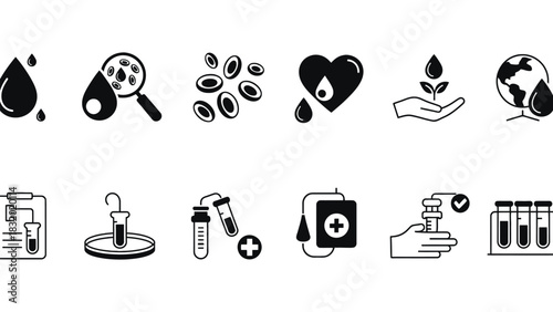 Collection of blood donation and laboratory test related black icons