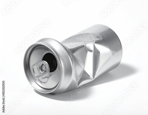 Crushed aluminum can, lid facing, on bright white surface