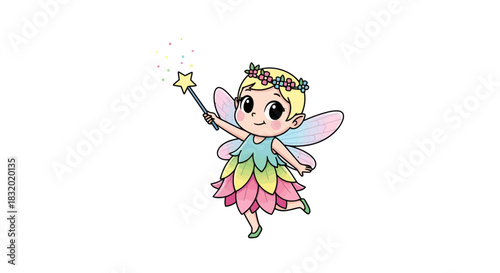 Enchanting floral fairy character with wand radiating magic, whimsical illustration suitable for