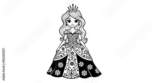 Elegantly drawn princess with detailed gown and crown perfect for coloring activities