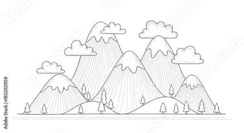 Enchanting mountain range scenery with snow-capped peaks and serene cloudy sky illustration