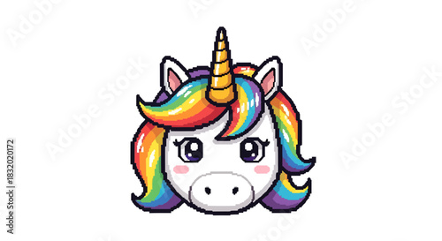 Enchanting pixelated unicorn with vibrant rainbow mane evokes childhood fantasy
