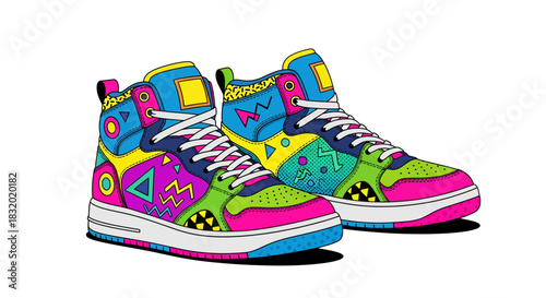 Vibrant retro sneakers art with bold shapes and colors perfect for a fun, energetic design or a trendy throwback aesthetic in your creative project