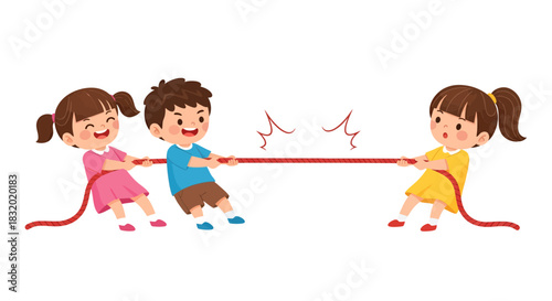 Enthusiastic children competing in a lively tug of war game, demonstrating teamwork and playful