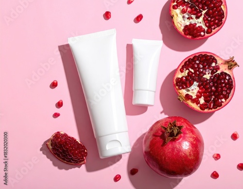 Blank tubes w/ pomegranates scattered on pink backdrop