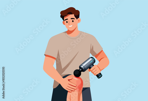 Illustration of a smiling person using a percussion massager on a leg, showing the area to be treated
