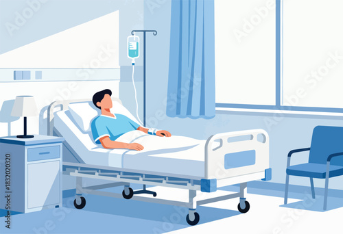 A patient lies in a hospital bed with an IV drip. Beside a bedside table and a chair is a window with blinds