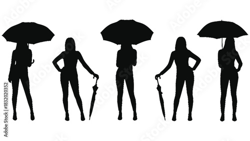 Silhouettes of women with umbrellas in various poses on white background