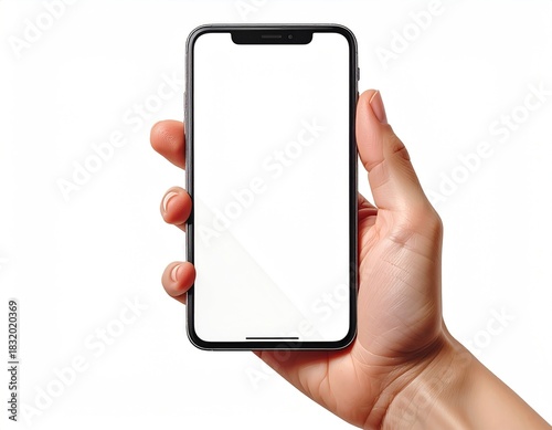 Hand holds smartphone with blank screen