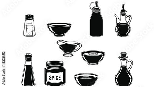 A collection of black and white condiment containers and bowls graphic