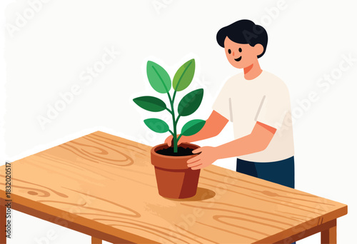 An illustration shows a person tending to a potted plant on a wooden table, in a minimalist style