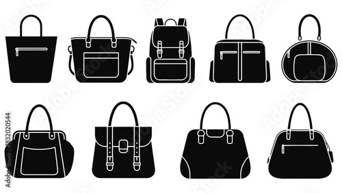 A collection of various black and white bag and backpack illustrations