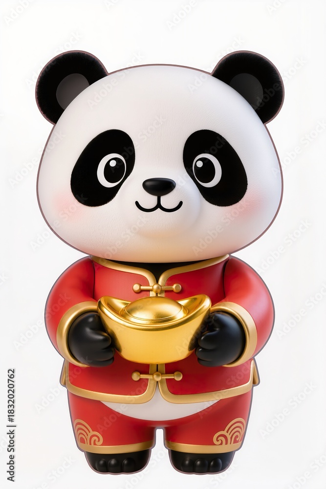Naklejka premium Cute chibi panda wearing a red-and-gold Chinese New Year outfit, holding a gold ingot, smiling expression, glossy toy figurine style, isolated on pure white background