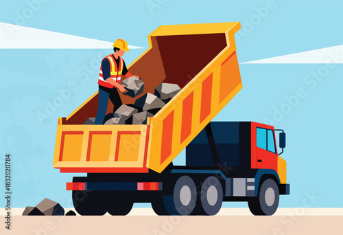 Construction worker in vest loads rocks into a raised dump truck bed. Sky background. Illustration style