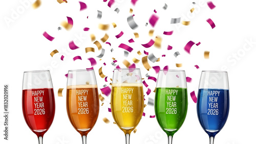 Celebrating New Year 2026 with Colorful Champagne Glasses and Confetti
