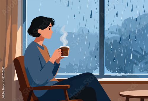 A person, seated by a window during a rainstorm, holds a steaming mug. The scene suggests cozy indoor comfort