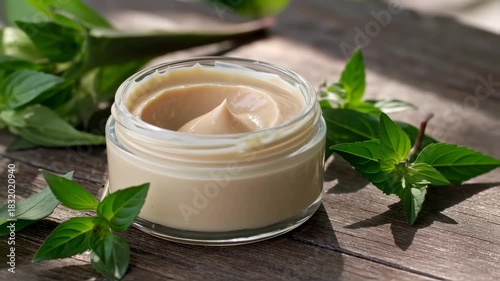 A jar of light beige cream sits on a wooden surface surrounded by fresh green leaves
