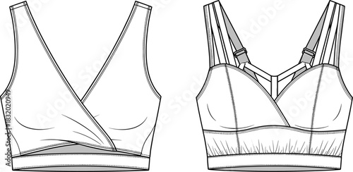 Sports bra sketch, front and back view, wrap style, structured design, strap detail, CAD streetwear flat vector illustration
