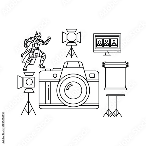 Studio Photography and Filmmaking Equipment with Fantasy Character Line Art