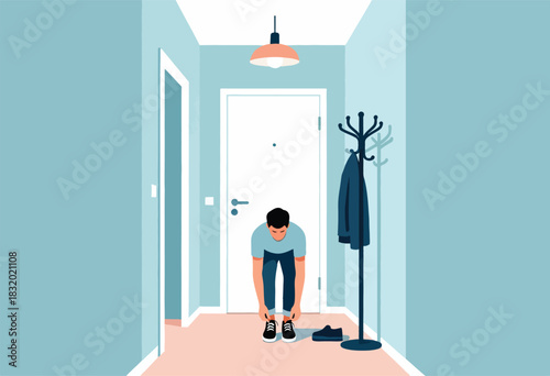 A person in a hallway ties their shoes. A door and coat rack are visible. Minimalist illustration