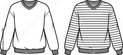 Sweater fashion sketch, V-neck design, striped and plain variation, front view, garment illustration, knitwear style, clothing concept