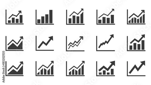 Collection of upward trending graph icons in black and white.