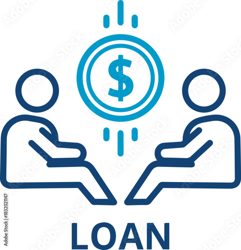 Credit and mortgage icon vector illustration of two people sitting across from each other with a dollar coin above them loan