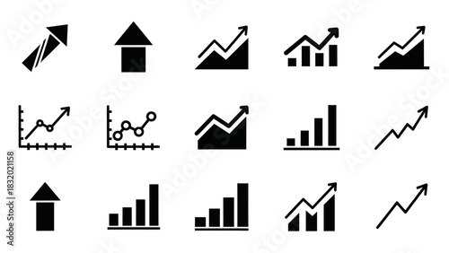 A collection of upward trending graph icons and arrows symbolizing growth and progress in business and finance.